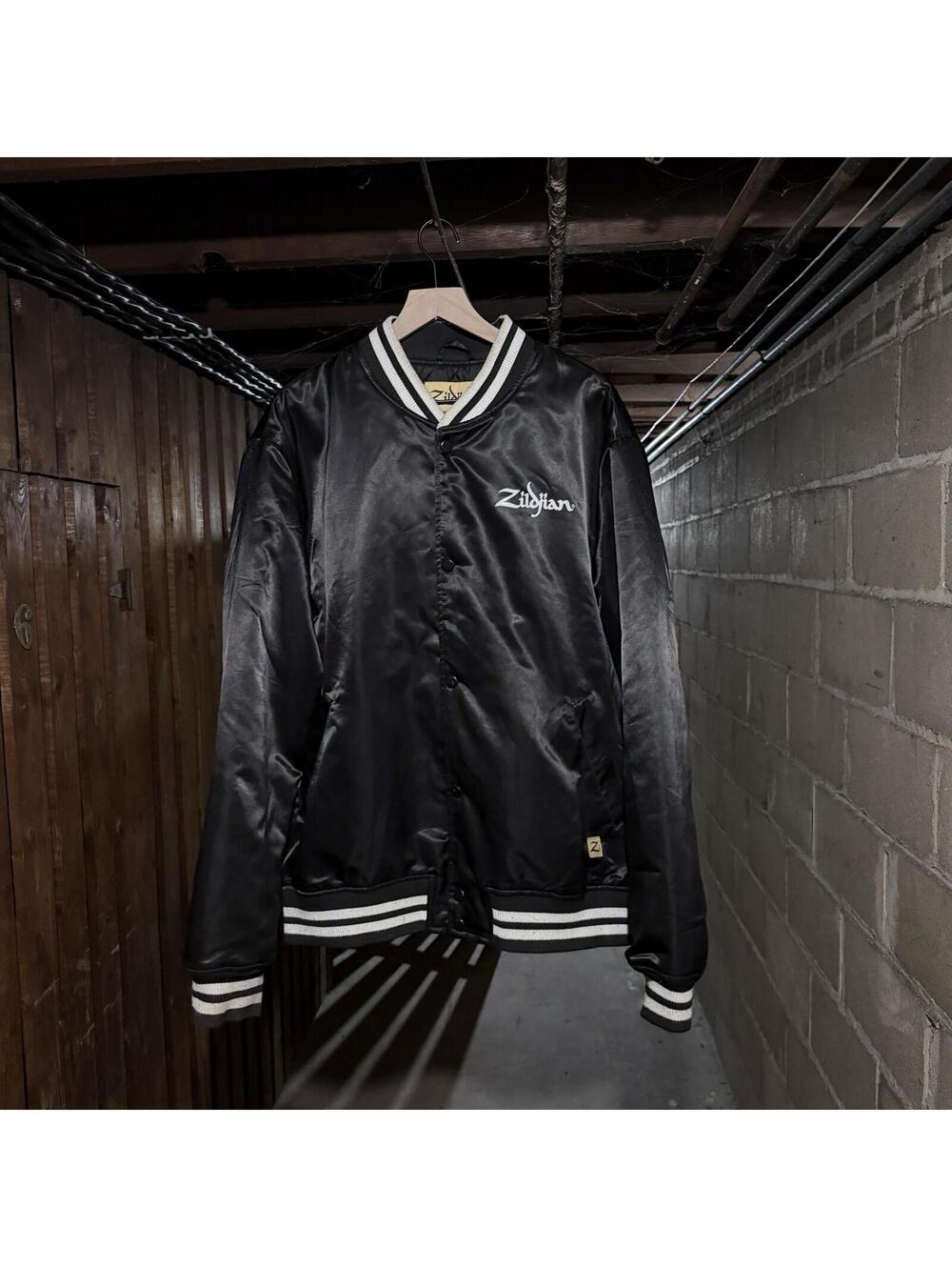 Vintage Zildjian Satin Varsity Jacket Black Snap Button Bomber 90s XXL
